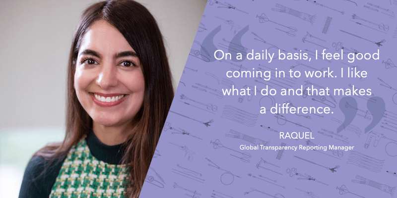 Photo of Cook employee Raquel with quote "On a daily basis, I feel good coming in to work. I like what I do and that makes a difference."
