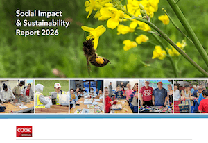 Cover of 2026 Social Impact & Sustainability Report with photo of bee eating nectar from flowers and images of employees participating in SI&S events 