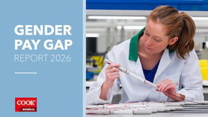 cover of Cook Medical Limerick Gender Pay Gap Report 2026 showing an employee in a white lab jacket inspecting a medical device, linking to the report PDF file