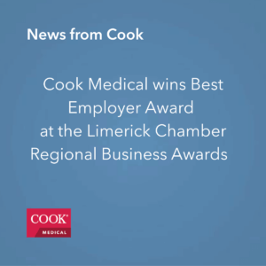 Blue image with Cook Medical logo states "Cook Medical wins Best Employer Award at the Limerick Chamber Regional Business Awards" 
