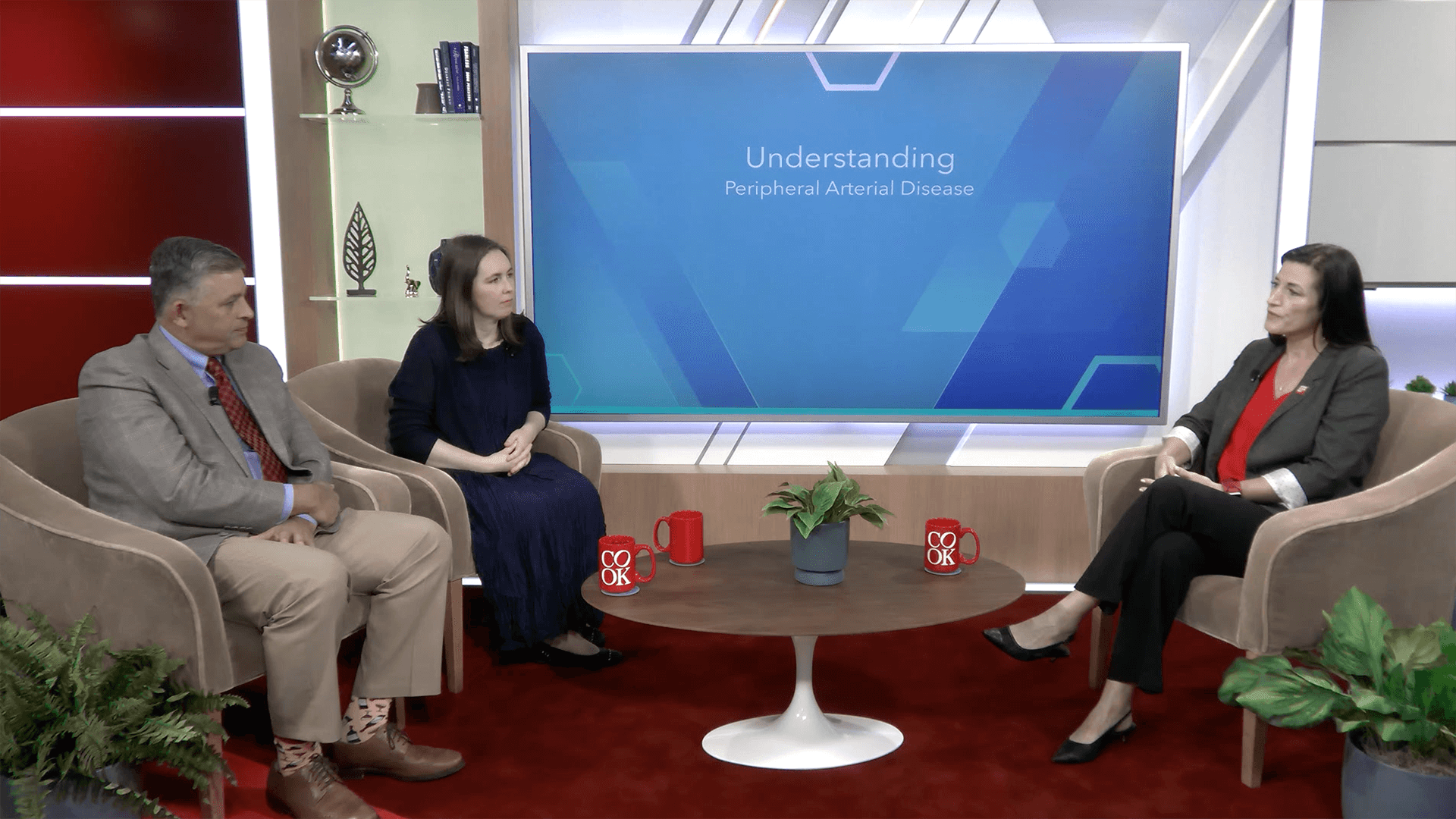 Dr. Peña and Dr. McMackin sitting in a conference room with host Caroline Jackson discussing navigating complex PAD cases.